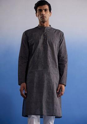 Black Solid Cotton Kurta For Men