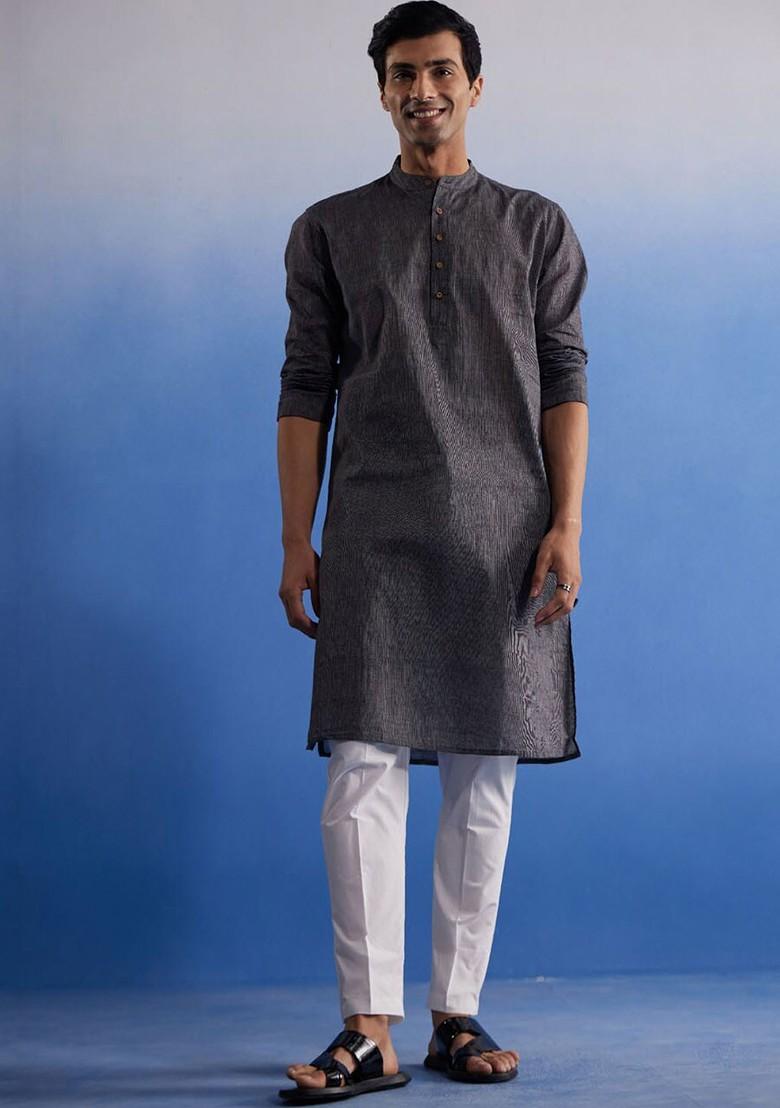 Black Solid Cotton Kurta For Men