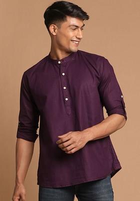Purple Solid Poly Blend Kurta For Men