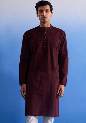 Maroon Solid Cotton Kurta For Men