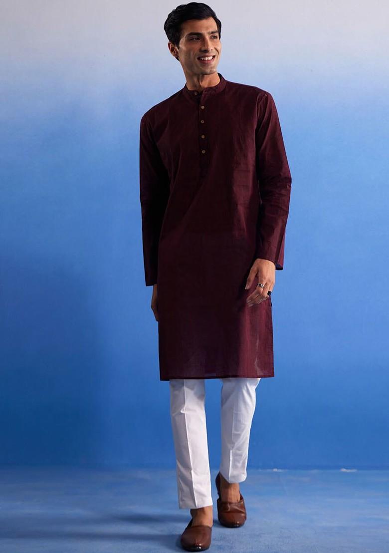 Maroon Solid Cotton Kurta For Men