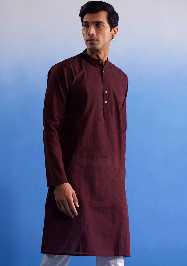 Maroon Solid Cotton Kurta For Men