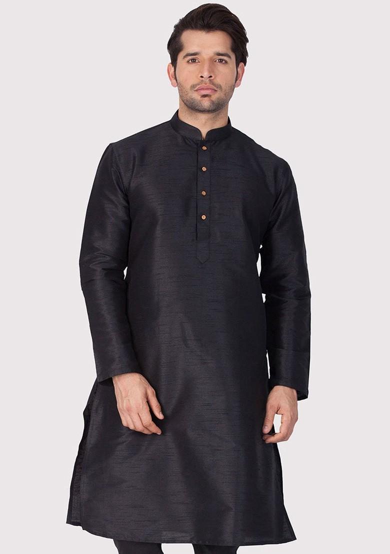 Black Thread Work Poly Blend Kurta For Men