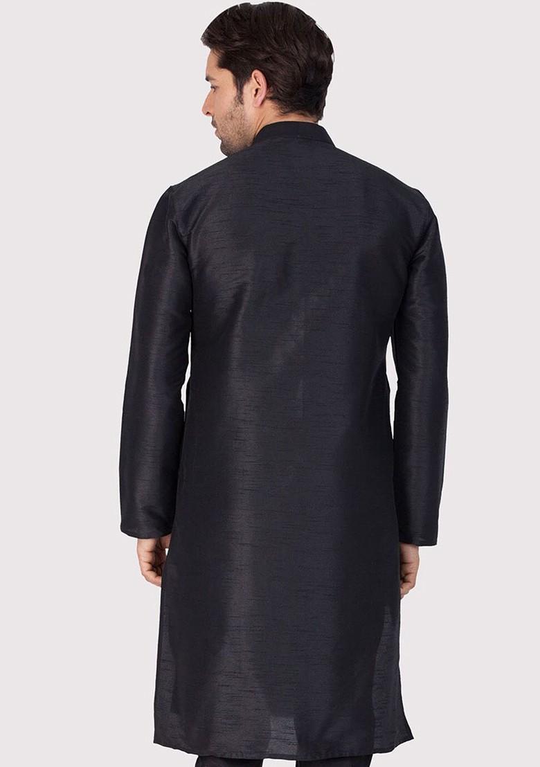 Black Thread Work Poly Blend Kurta For Men