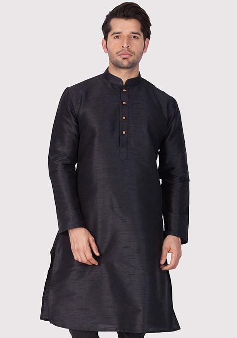 Black Thread Work Poly Blend Kurta For Men — view on Indya