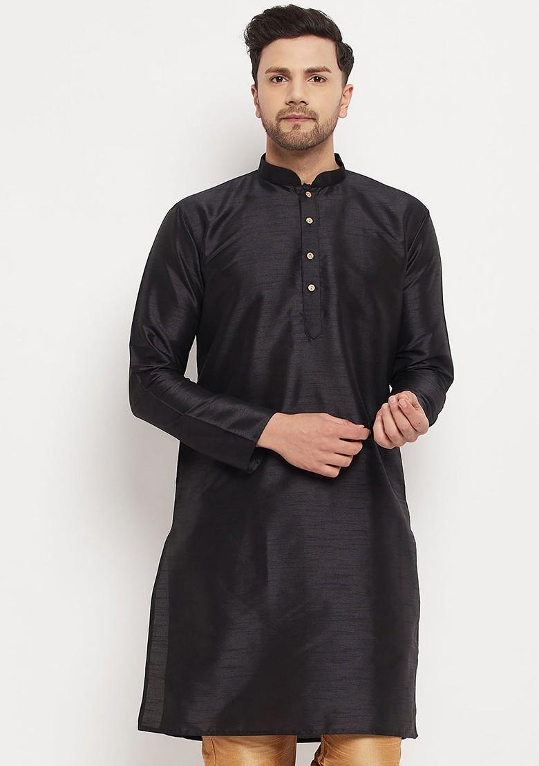 Black Solid Poly Blend Kurta For Men