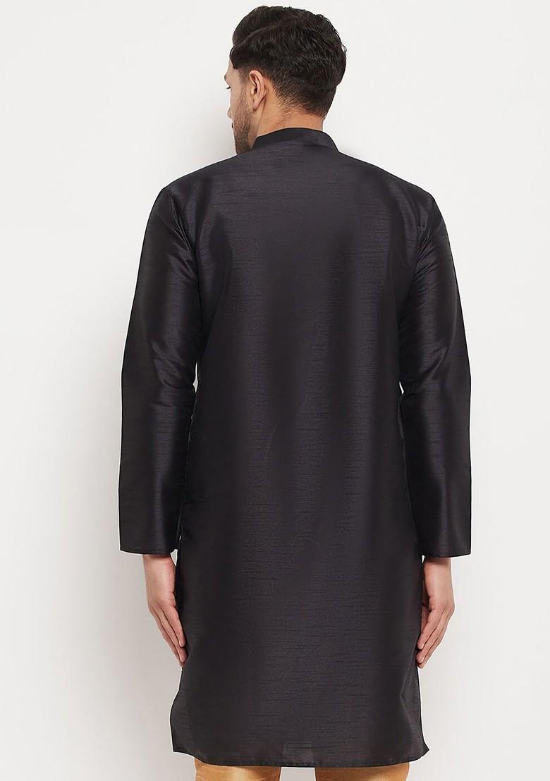 Black Solid Poly Blend Kurta For Men