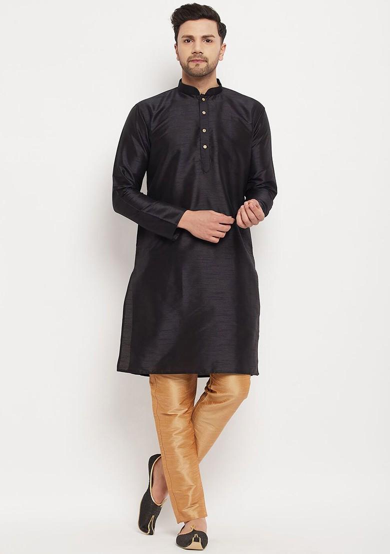 Black Solid Poly Blend Kurta For Men