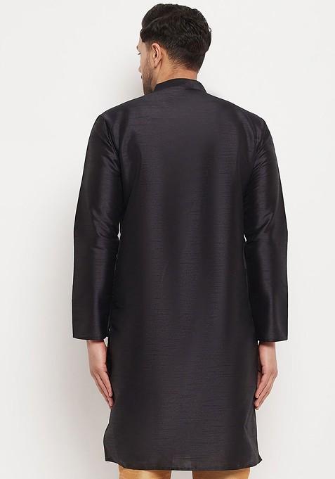 Black Solid Poly Blend Kurta For Men