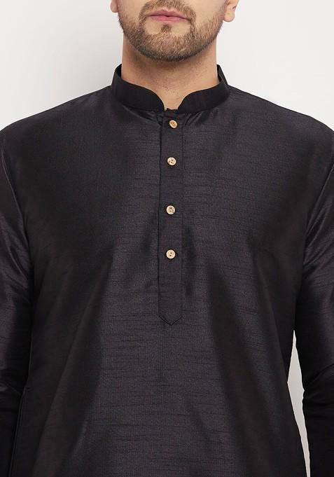 Black Solid Poly Blend Kurta For Men