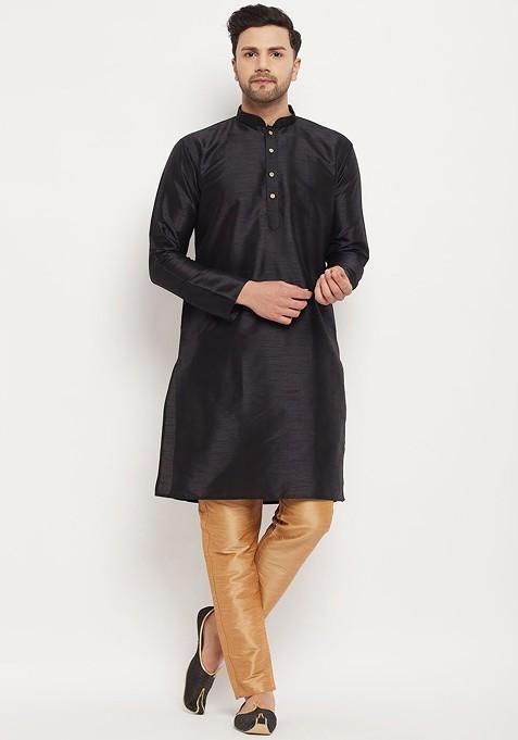Black Solid Poly Blend Kurta For Men