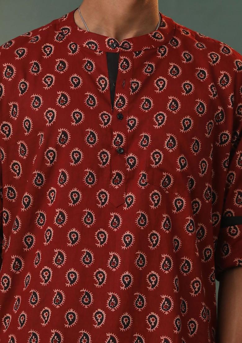 Maroon Thread Work Poly Blend Kurta For Men