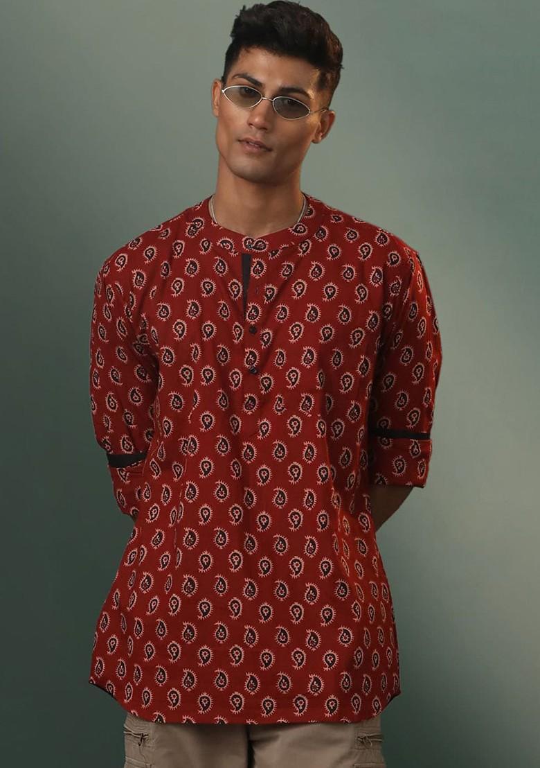 Maroon Thread Work Poly Blend Kurta For Men