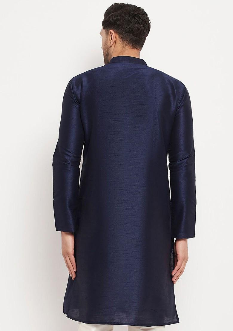 Navy Blue Solid Poly Blend Kurta For Men