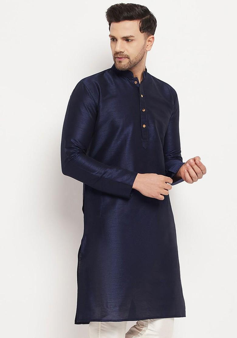 Navy Blue Solid Poly Blend Kurta For Men