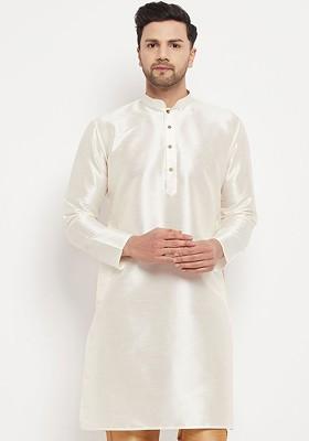 Off White Solid Poly Blend Kurta For Men