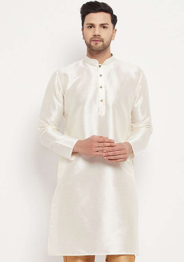 Off White Solid Poly Blend Kurta For Men - Indya