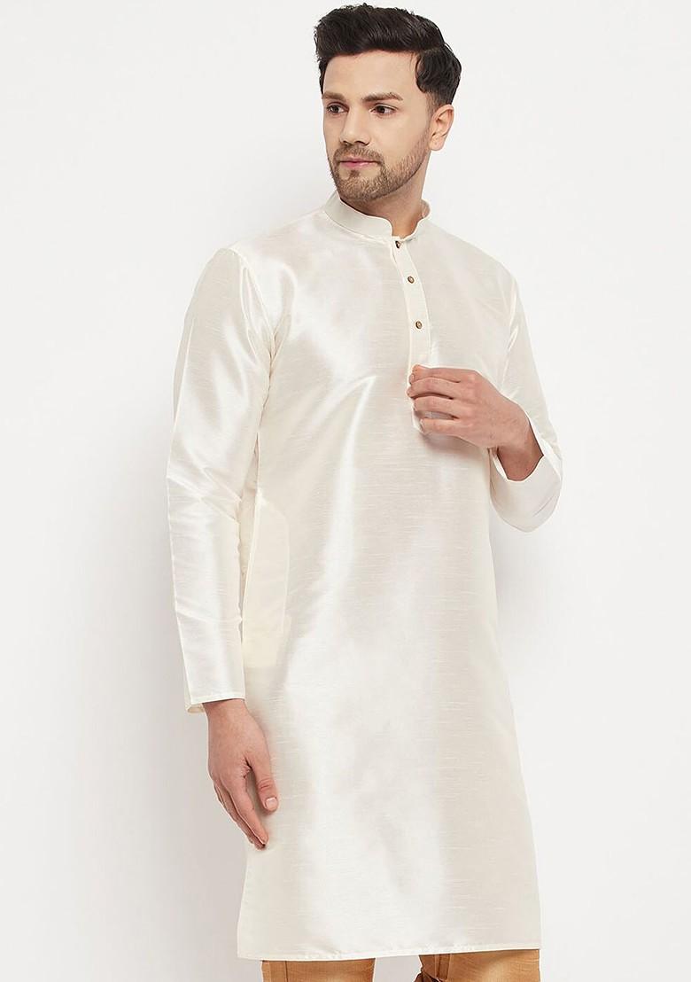 Off White Solid Poly Blend Kurta For Men