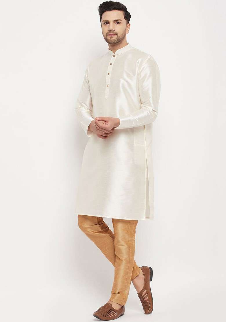 Off White Solid Poly Blend Kurta For Men - Indya