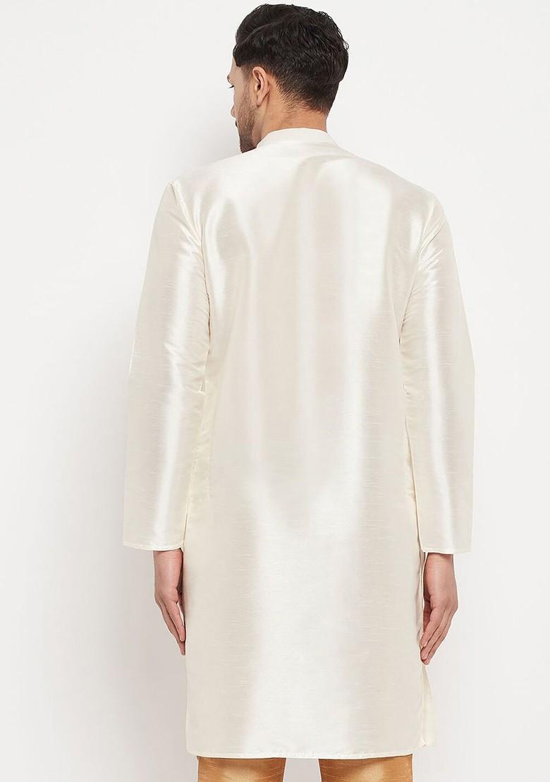 Off White Solid Poly Blend Kurta For Men
