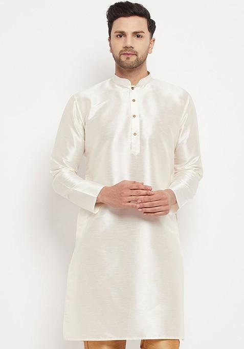 Off White Solid Poly Blend Kurta For Men — view on Indya