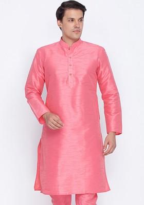 Pink Solid Silk Kurta For Men