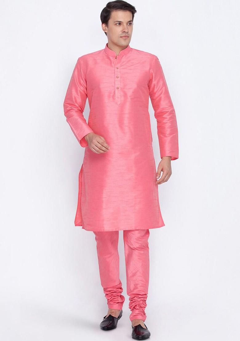 Pink Solid Silk Kurta For Men