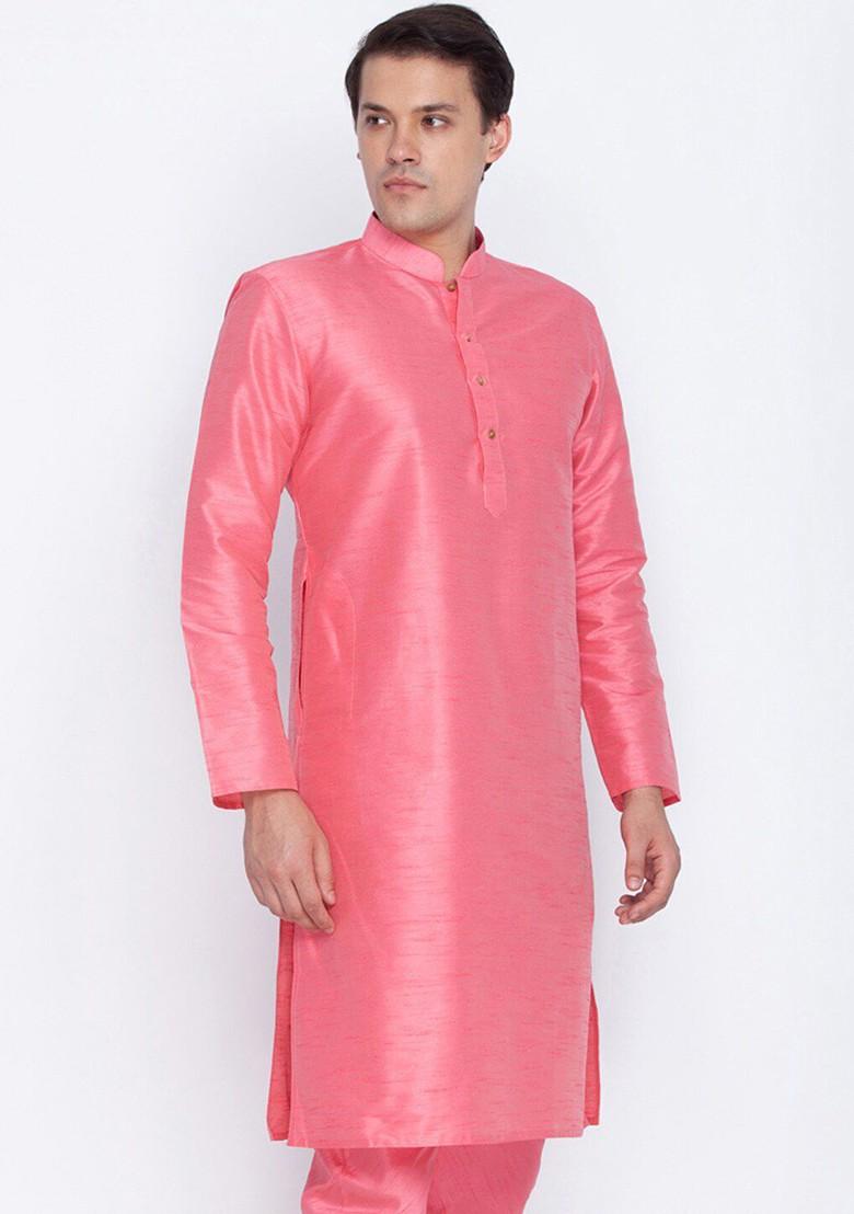 Pink Solid Silk Kurta For Men
