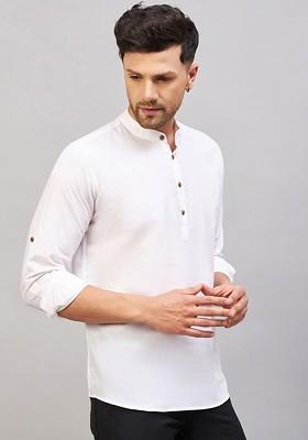White Solid Cotton Kurta For Men