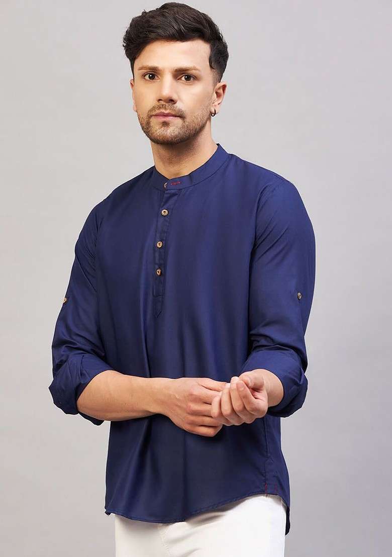 Blue Solid Cotton Kurta For Men - Indya
