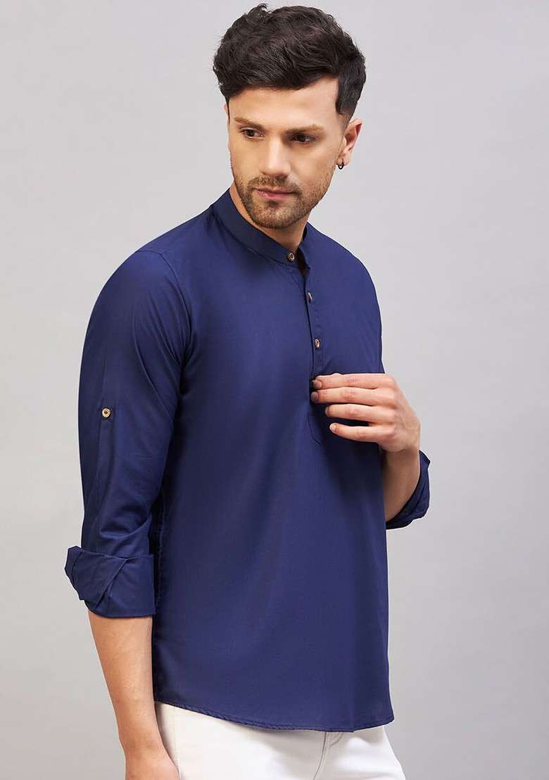 Blue Solid Cotton Kurta For Men - Indya