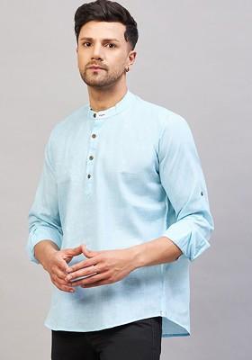 Blue Solid Cotton Kurta For Men