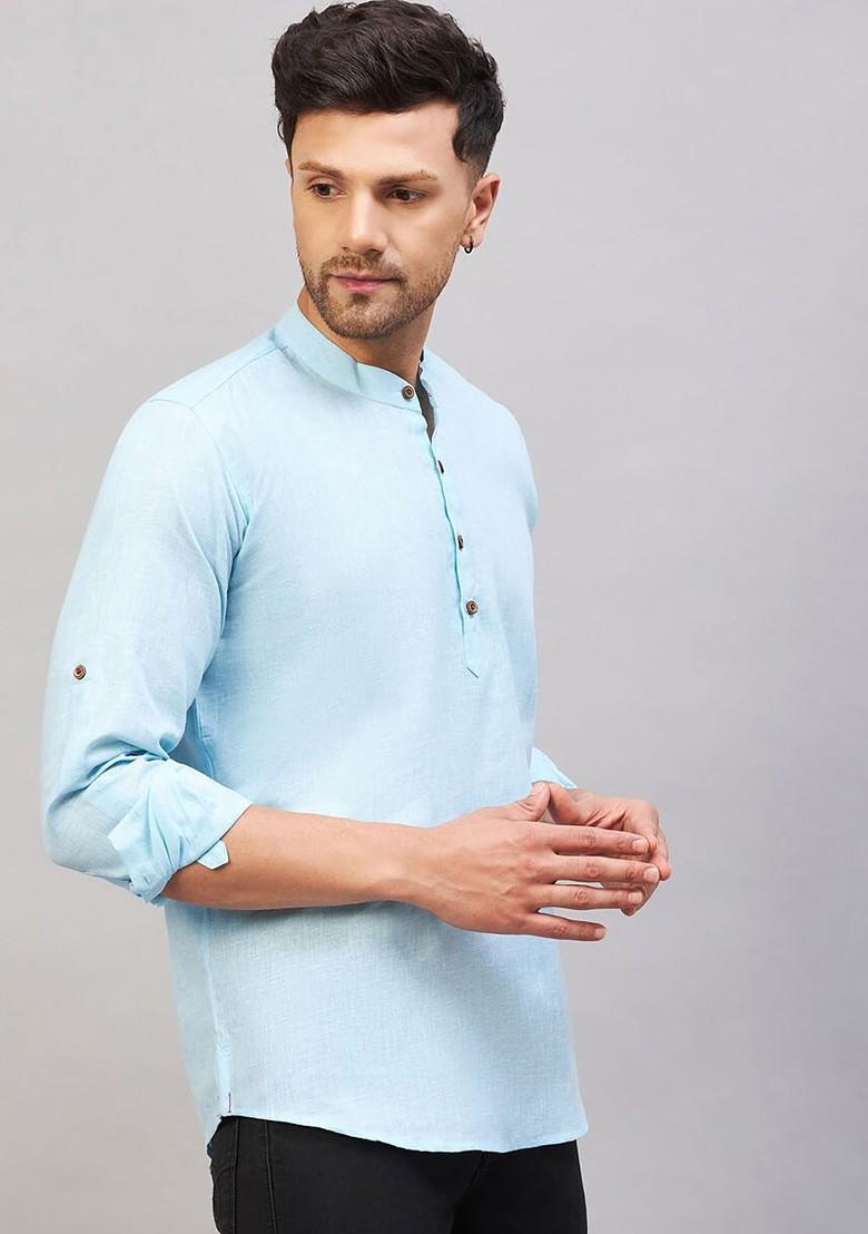 Blue Solid Cotton Kurta For Men