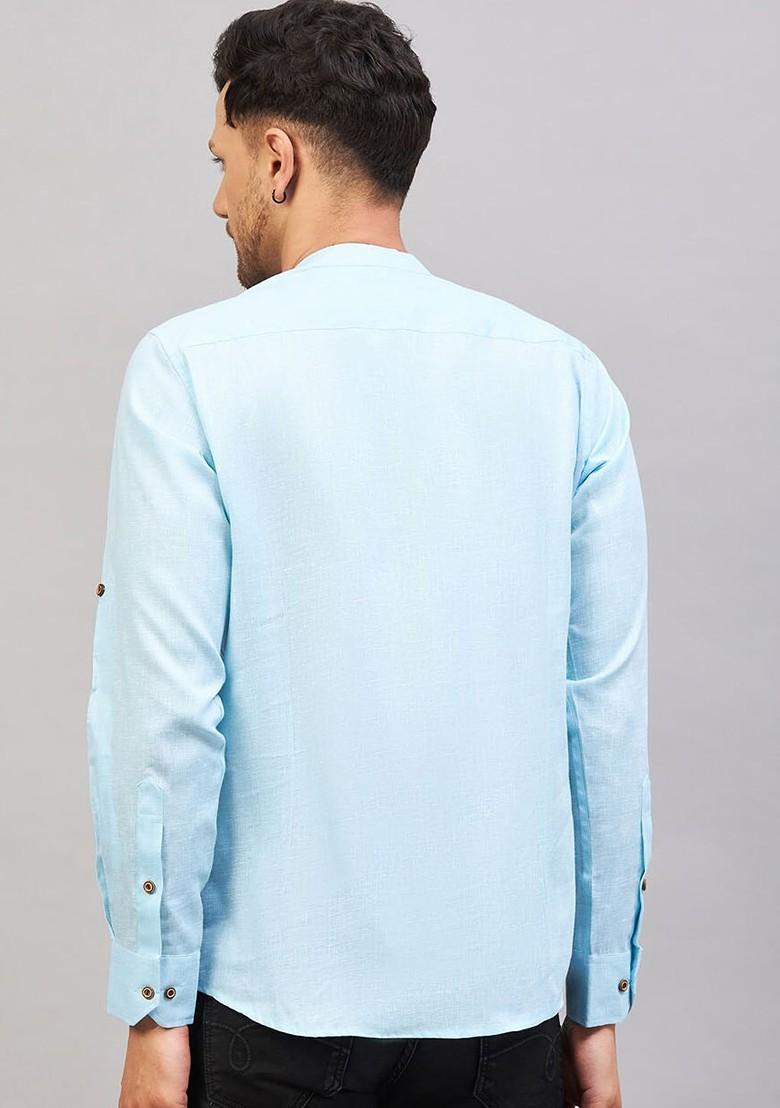Blue Solid Cotton Kurta For Men
