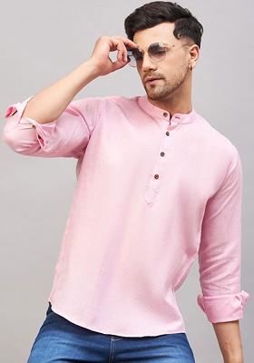 Pink Solid Cotton Kurta For Men
