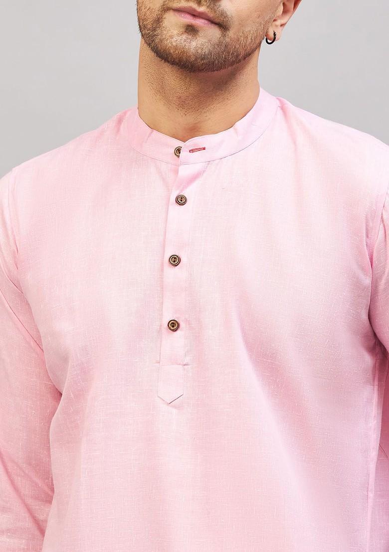 Pink Solid Cotton Kurta For Men