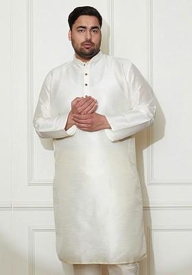 Cream Embroidered Poly Blend Kurta For Men