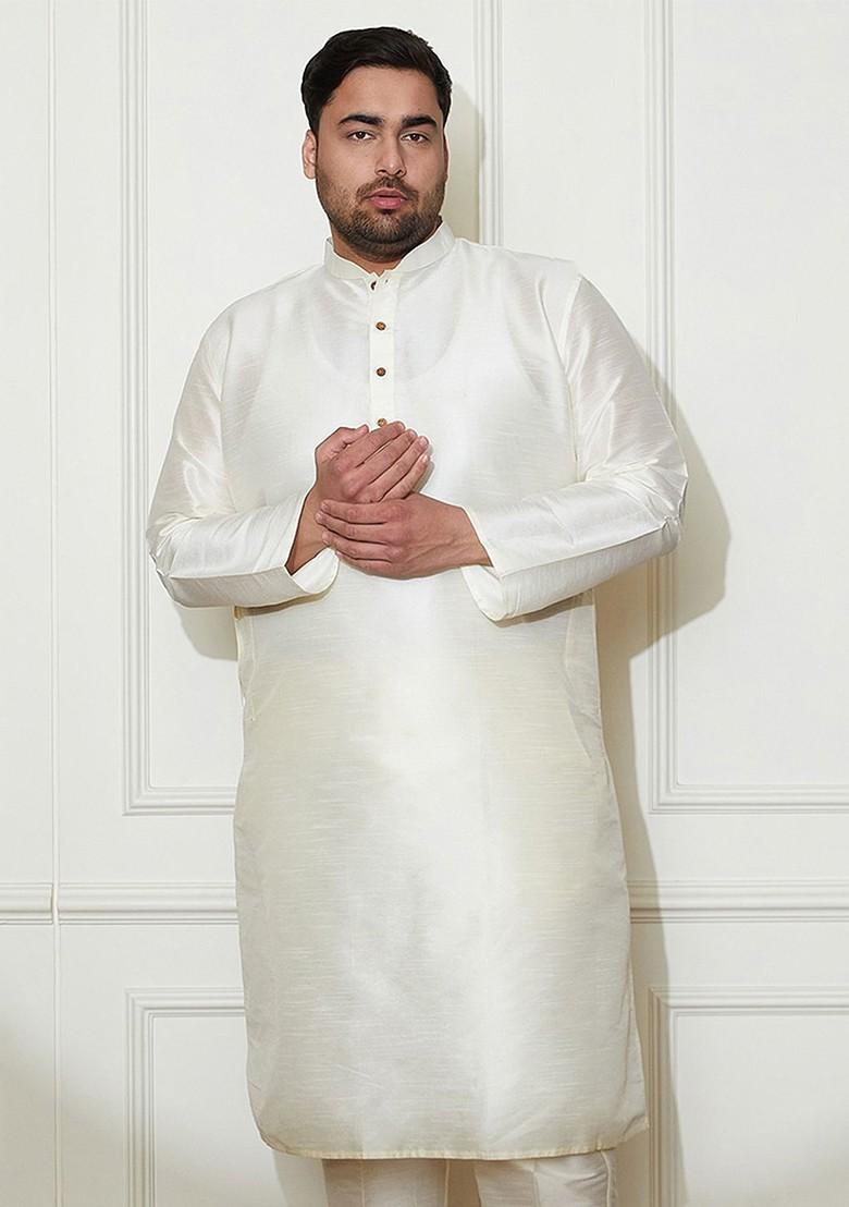 Cream Embroidered Poly Blend Kurta For Men