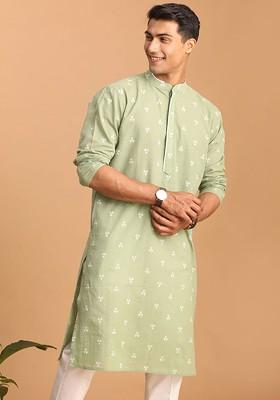 Green Geometric Print Jacquard Kurta For Men