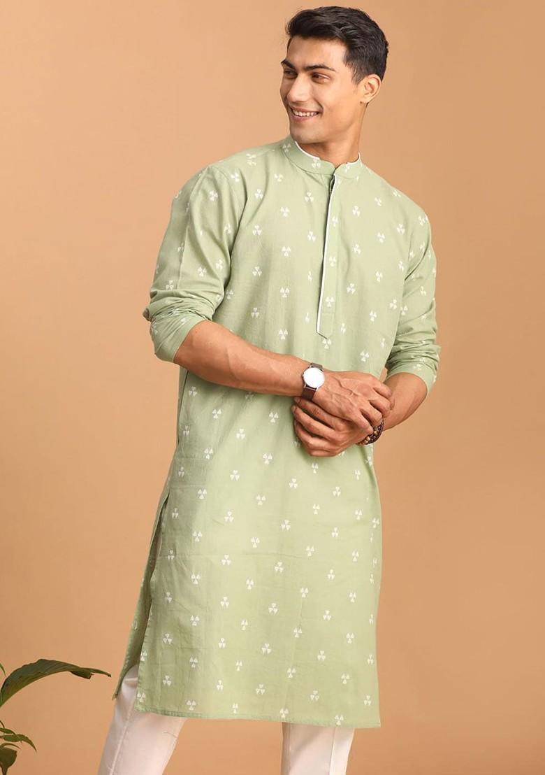 Green Geometric Print Jacquard Kurta For Men