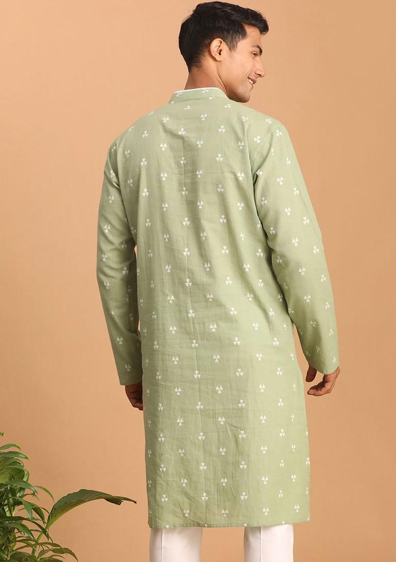 Green Geometric Print Jacquard Kurta For Men
