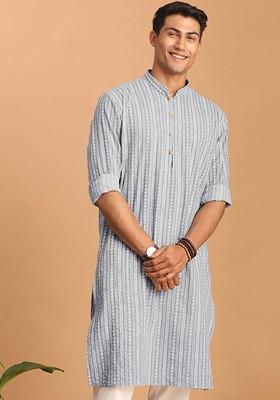 Grey Striped Cotton Kurta For Men