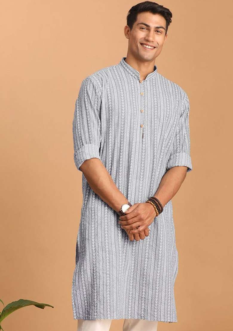Grey Striped Cotton Kurta For Men - Indya
