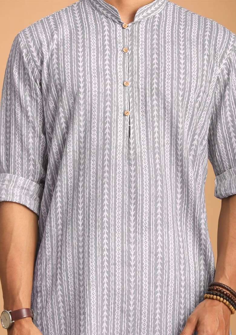 Grey Striped Cotton Kurta For Men - Indya