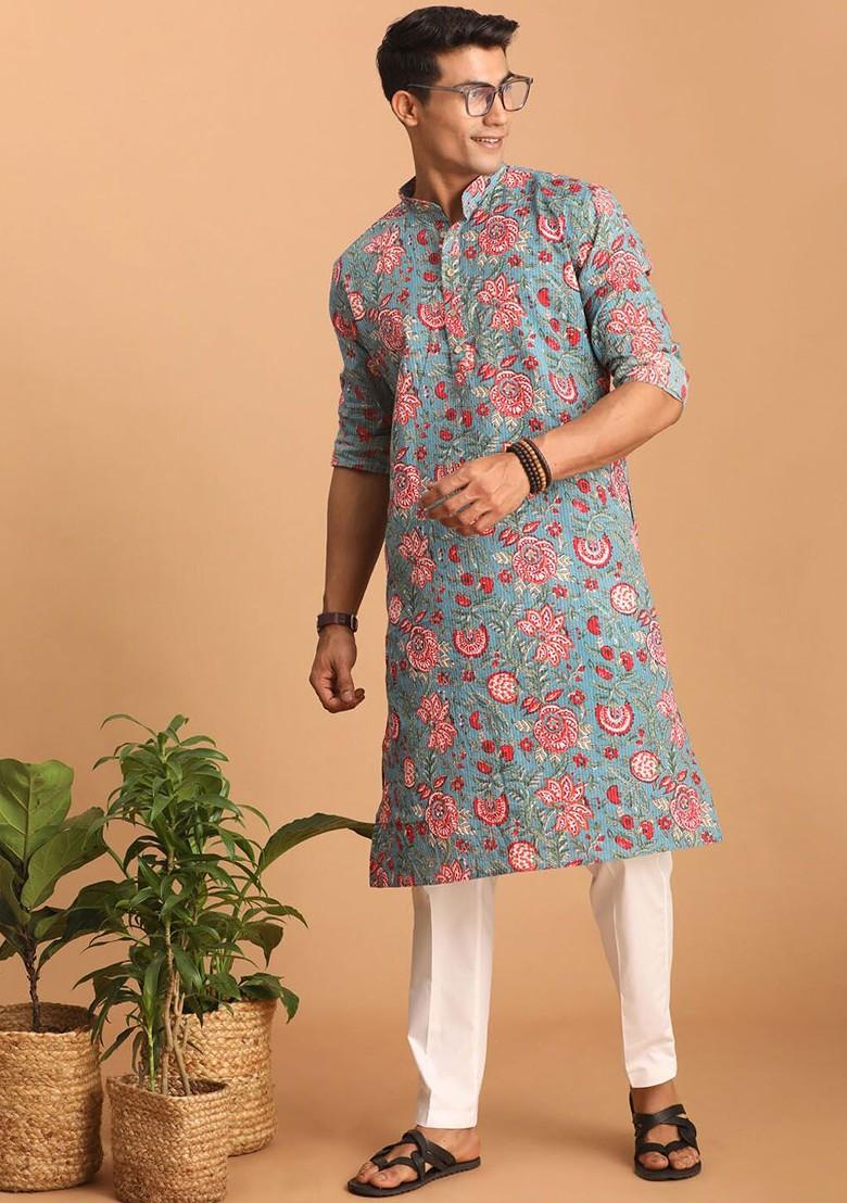 Blue Floral Print Cotton Kurta For Men
