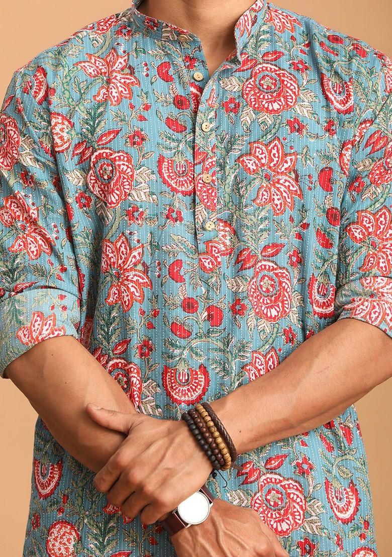 Blue Floral Print Cotton Kurta For Men