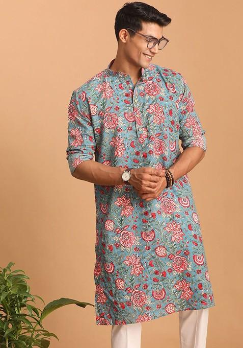 Blue Floral Print Cotton Kurta For Men