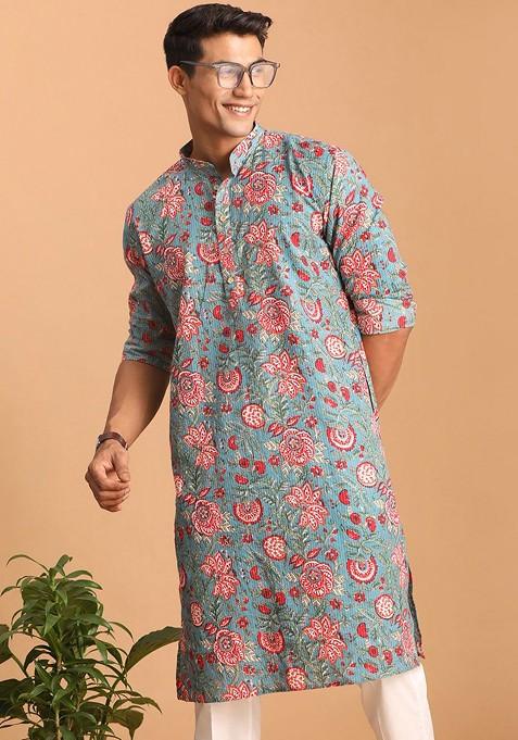 Blue Floral Print Cotton Kurta For Men
