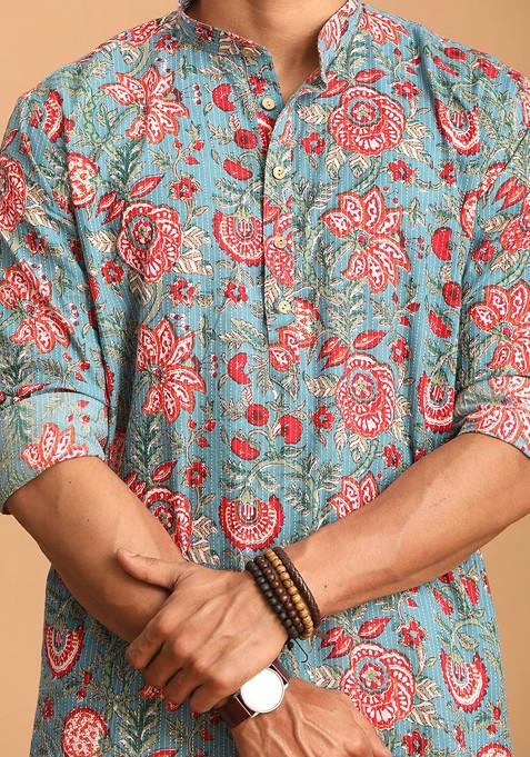 Blue Floral Print Cotton Kurta For Men