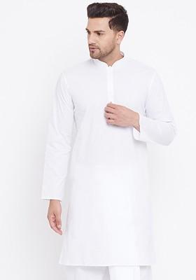 White Solid Cotton Kurta For Men